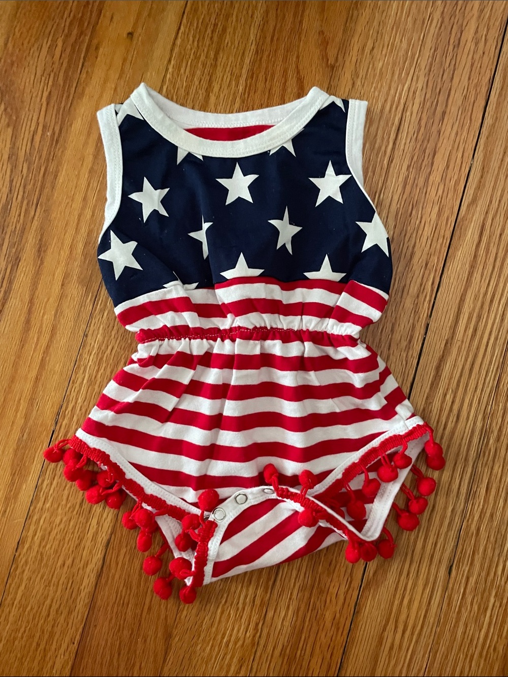Baby Patriotic Stars & Stripes Pom Pom Romper - Red, White & Blue